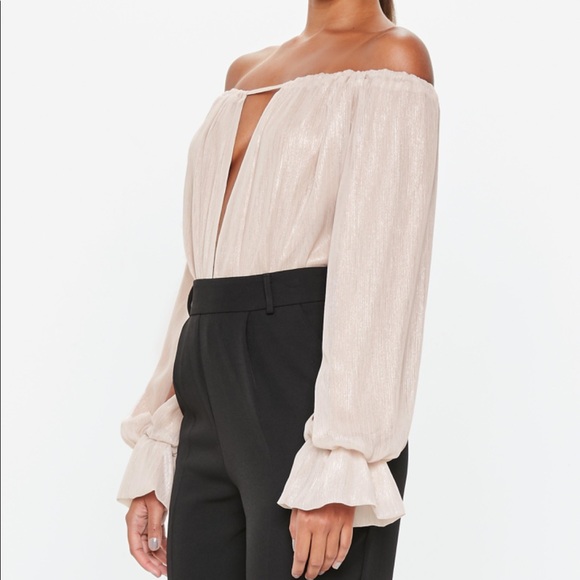 Peace + Love Nude Metallic Bardot Bodysuit Sz. 4 - Picture 2 of 11